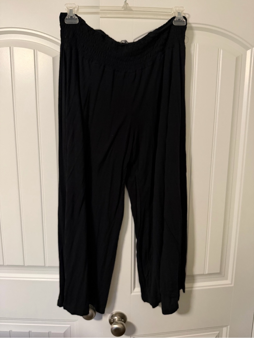 Black Smocked-Waist Wide Leg Crop Pants